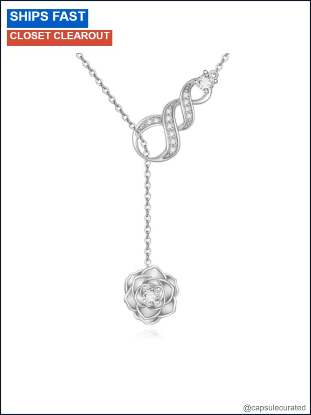 Sterling Silver Rose Infinity Y Necklace with Red Zircon Pendant